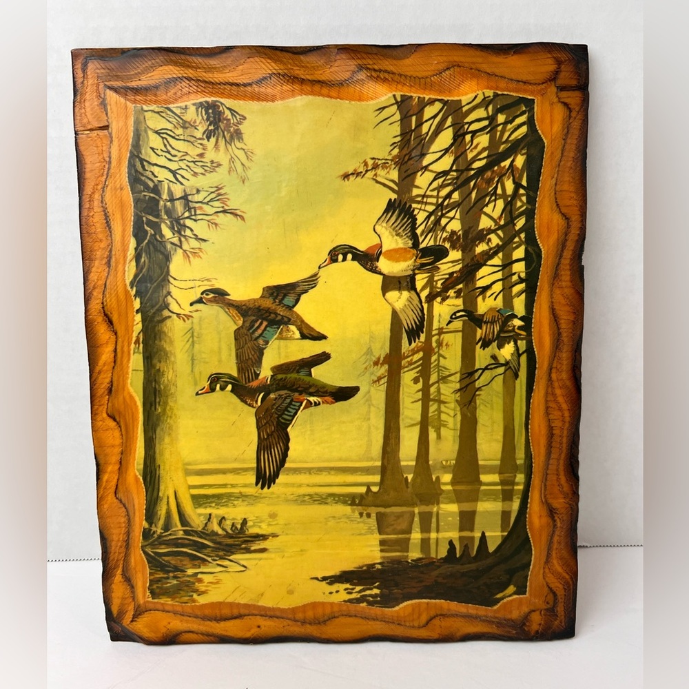 Wood Frame Mallard Ducks in Flight Wall Art Plaque 11.5" x 9.5" MCM
